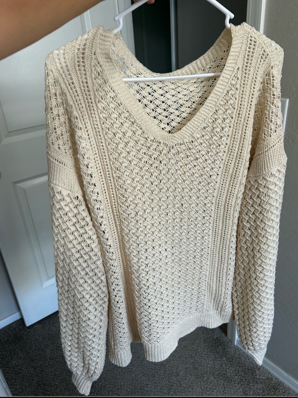 Cream V-Neck Crochet Knit Sweater